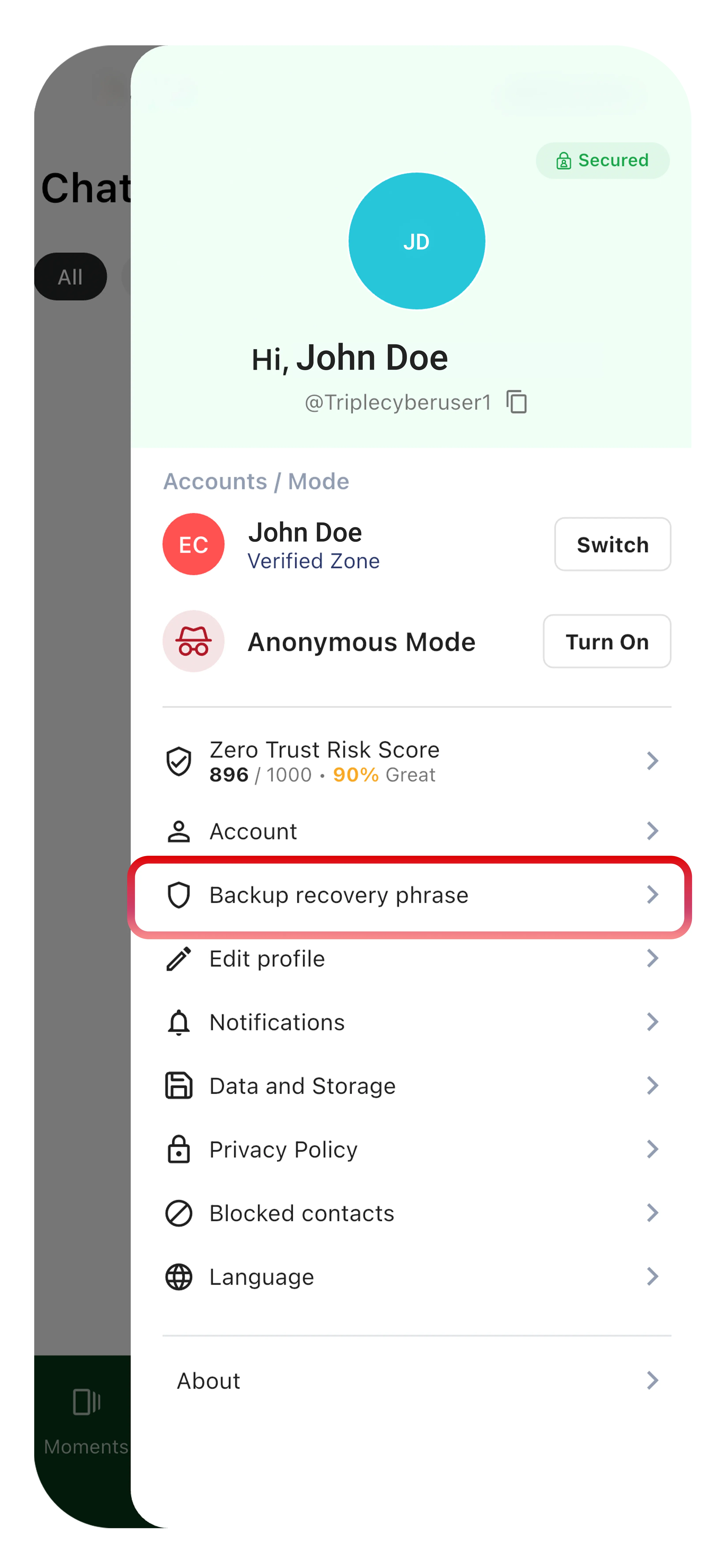 Profile settings screen with Backup recovery phrase option highlighted