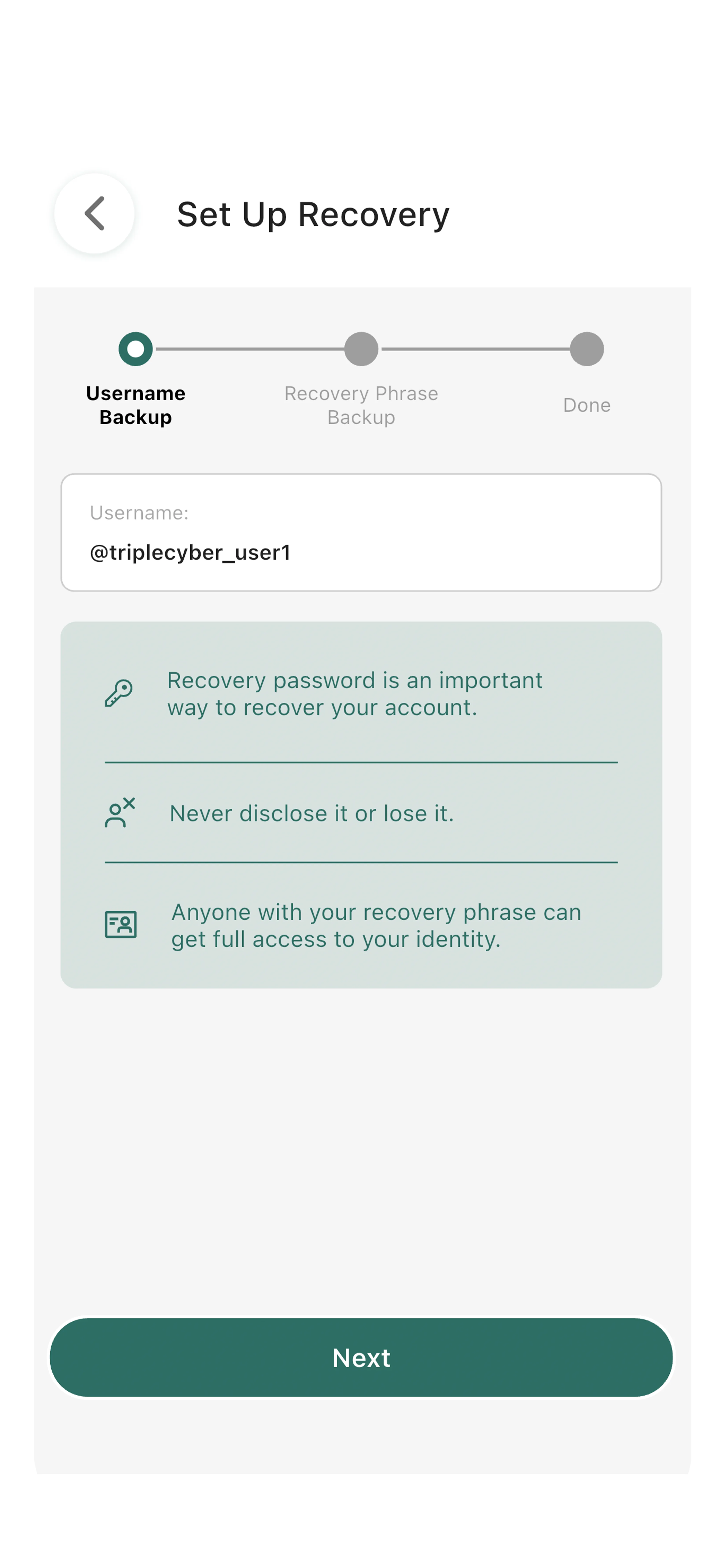Set Up Recovery Username Backup step