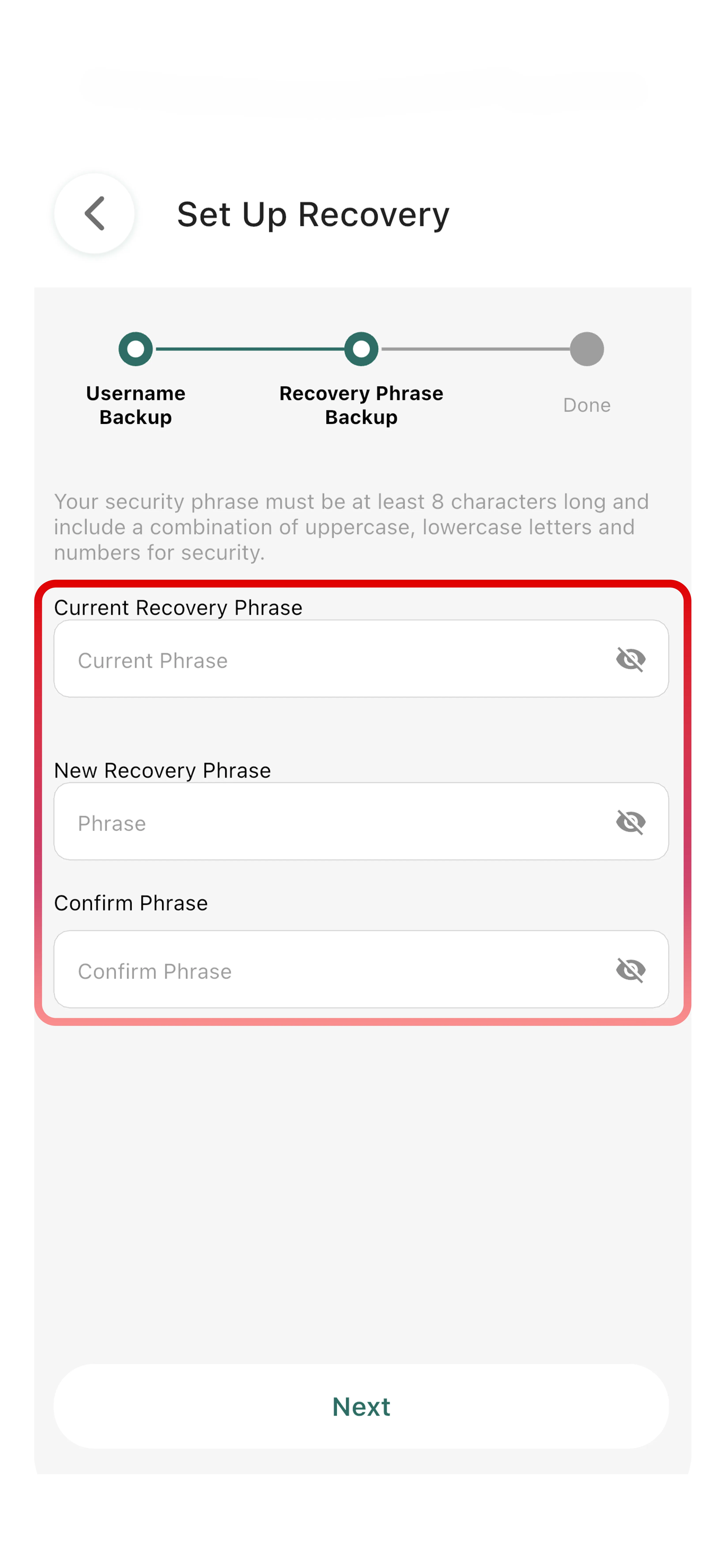 Set Up Recovery Recovery Phrase Backup step