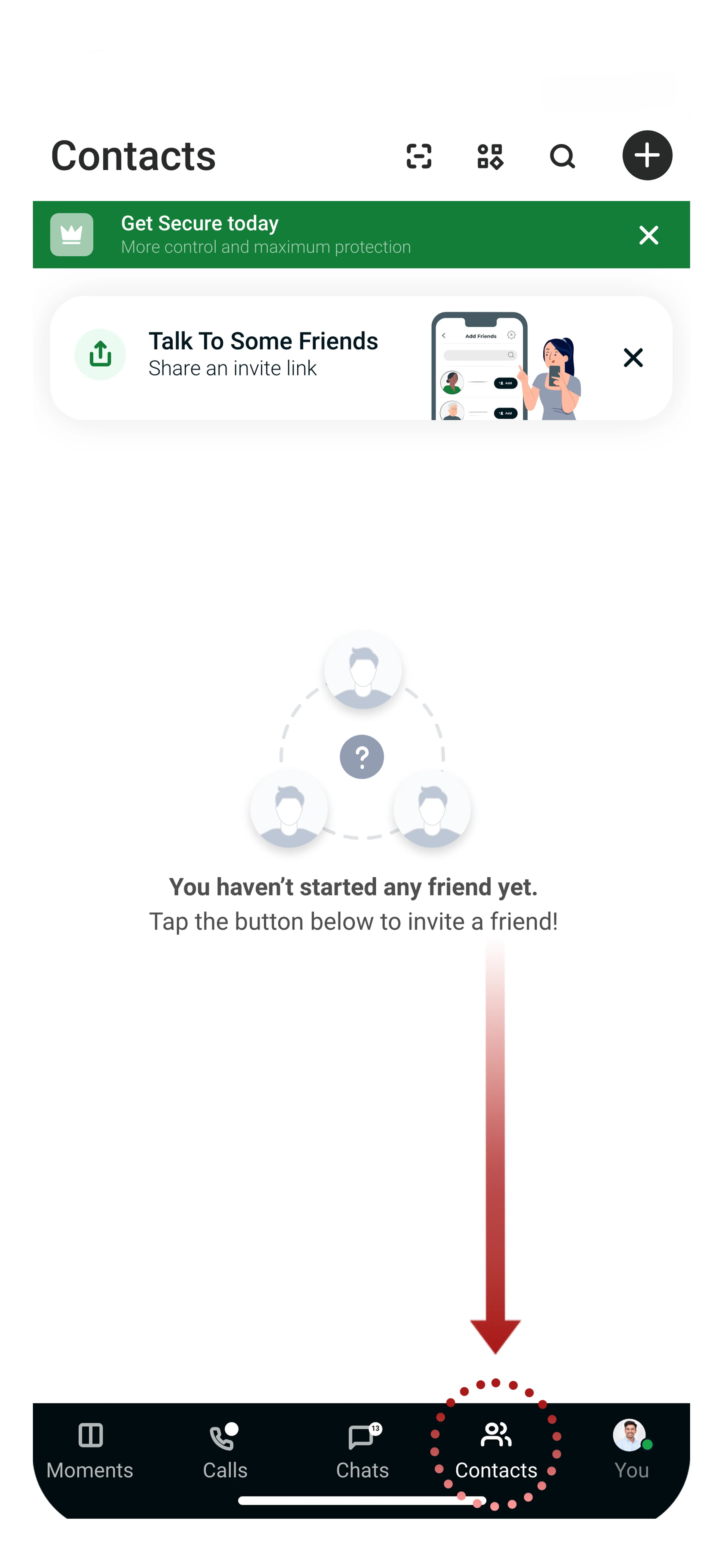 Contacts screen showing empty state before adding friends