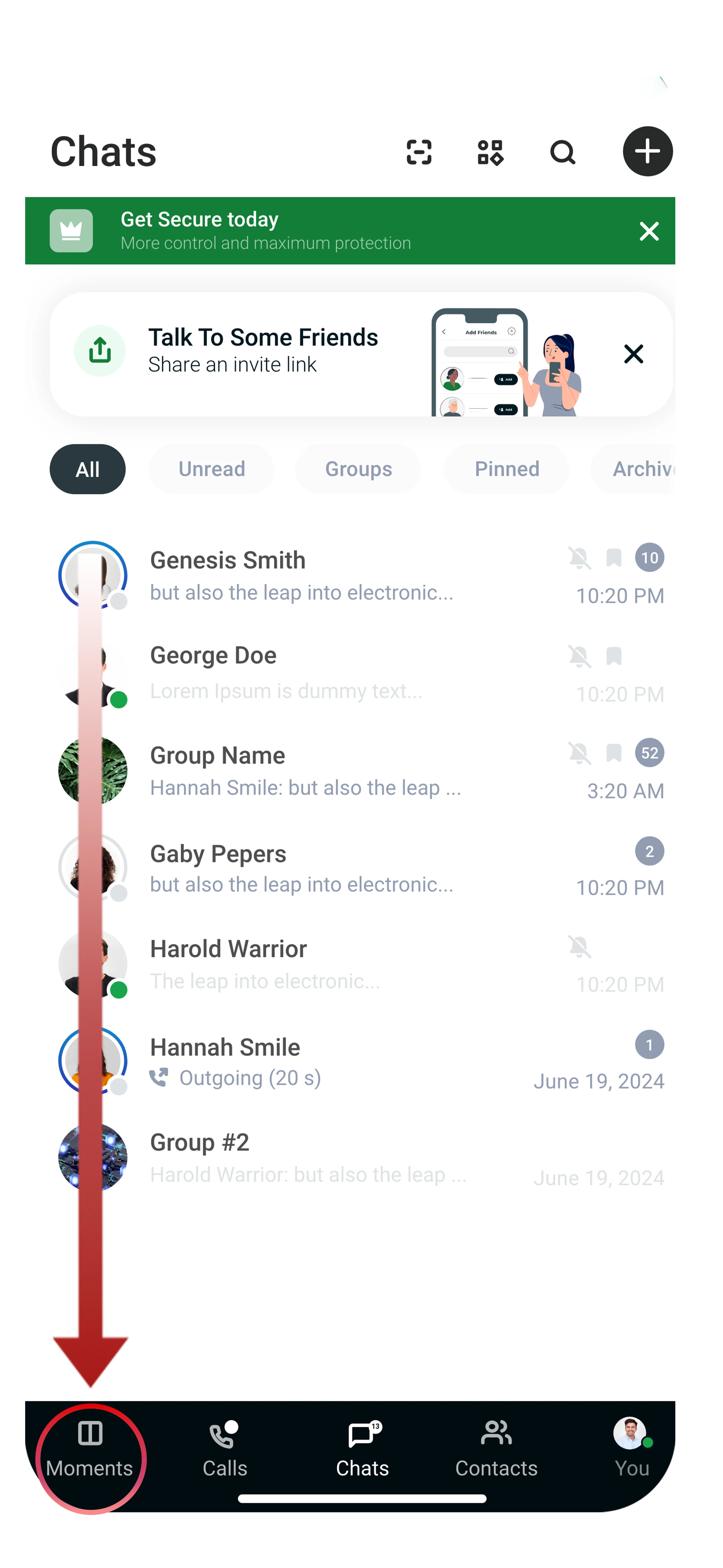 Tap the Moments icon in the bottom navigation bar to open the Moments feed