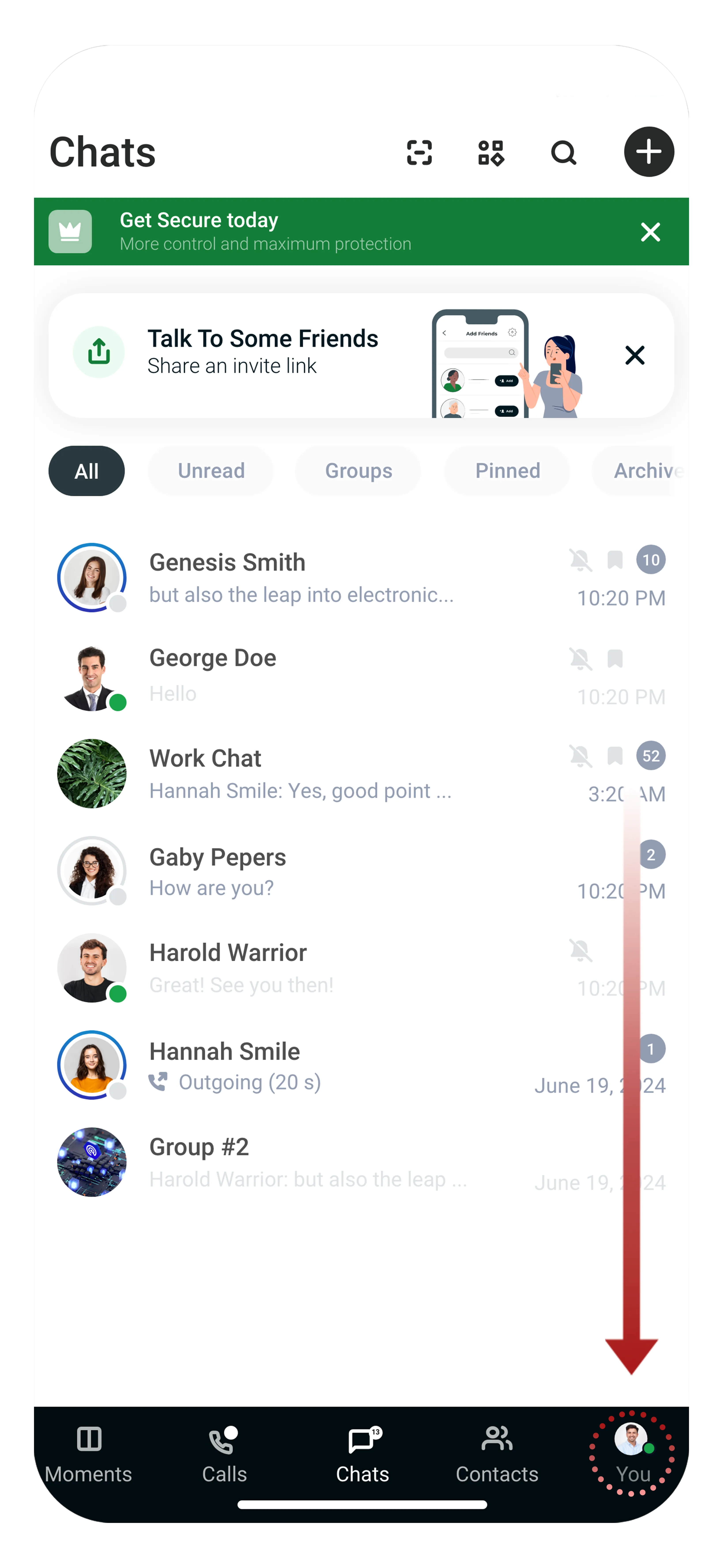 Chats screen with arrow pointing to the You tab for zone access