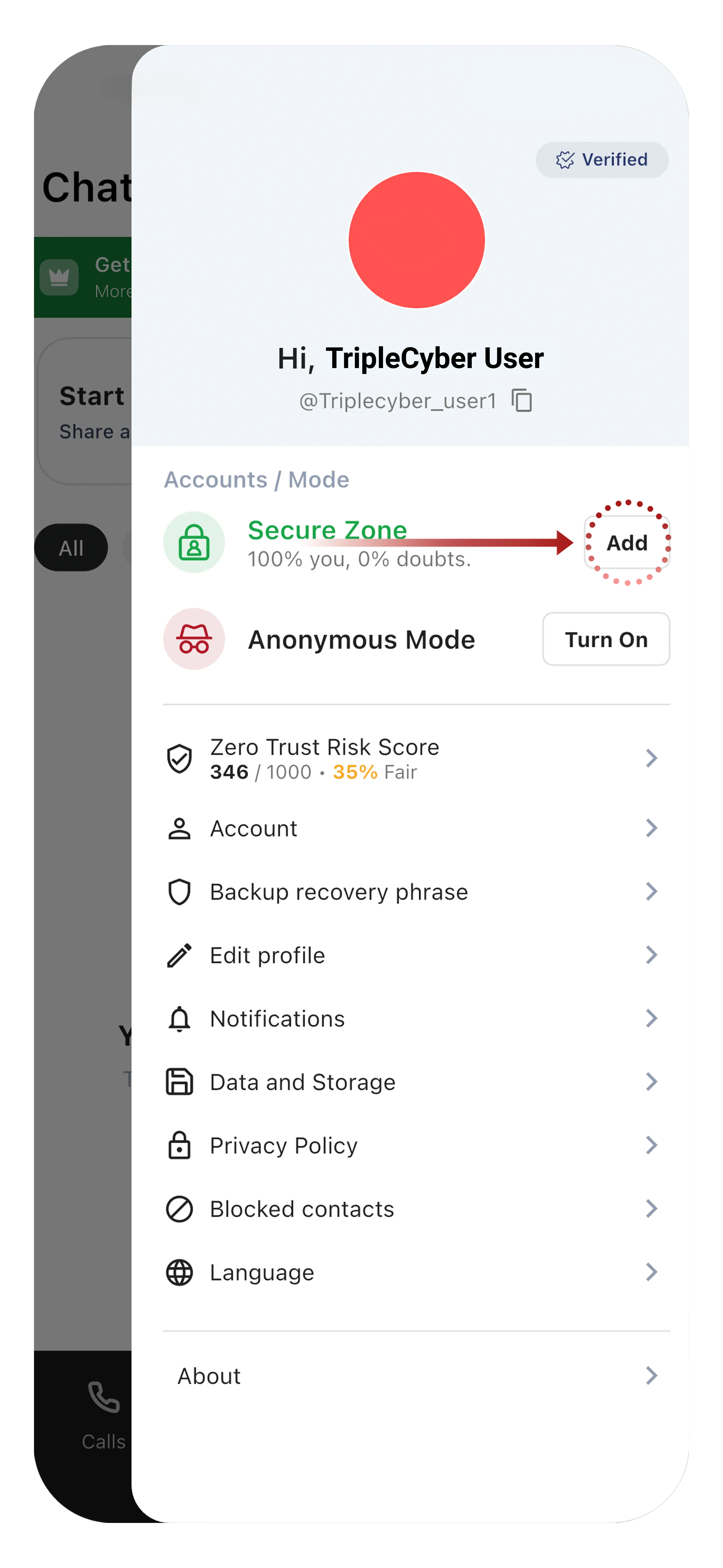 Profile showing Secure Zone Add button