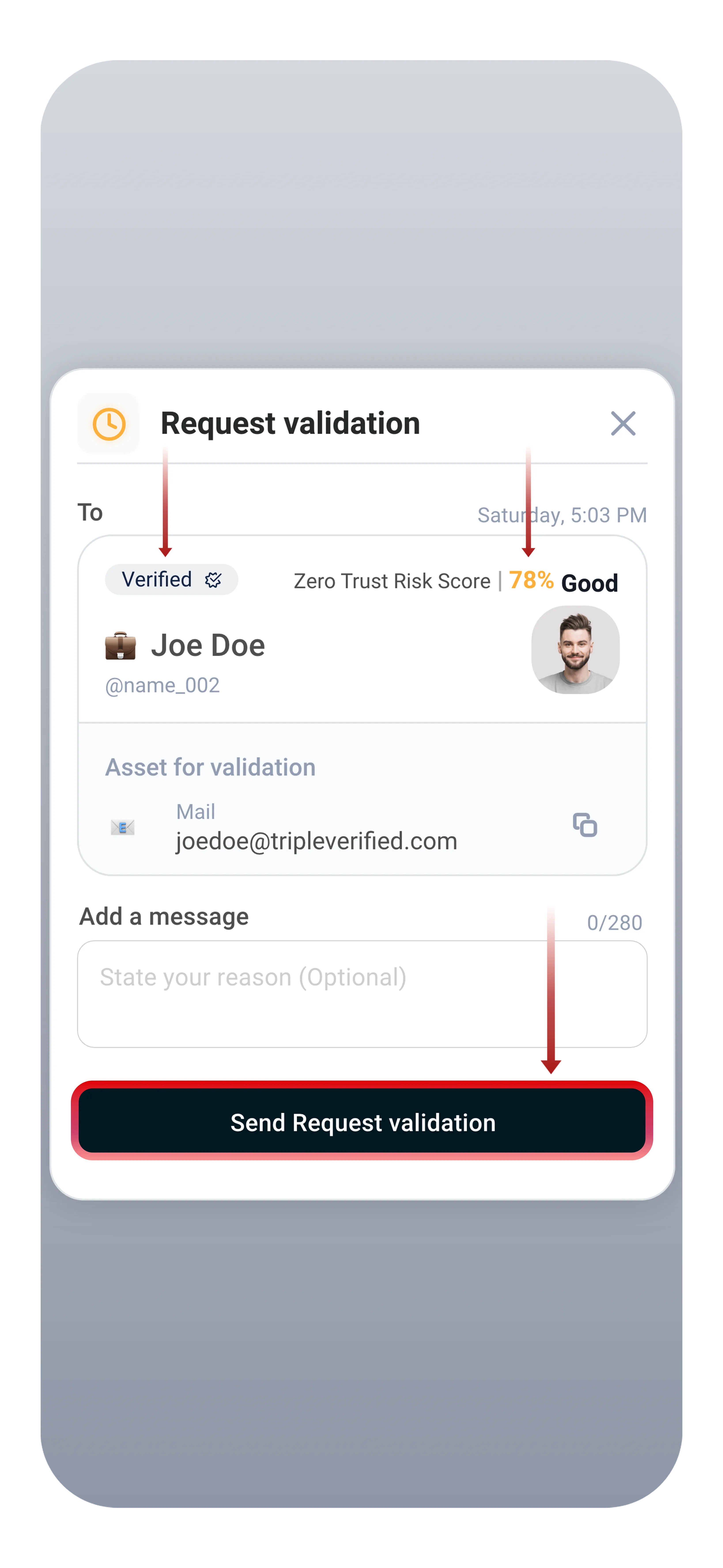 Search results showing identity details and ZTRS score